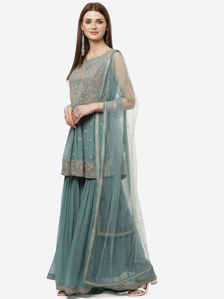 Art Georgette Embroidered Kurti With Sharara And Net Dupatta
