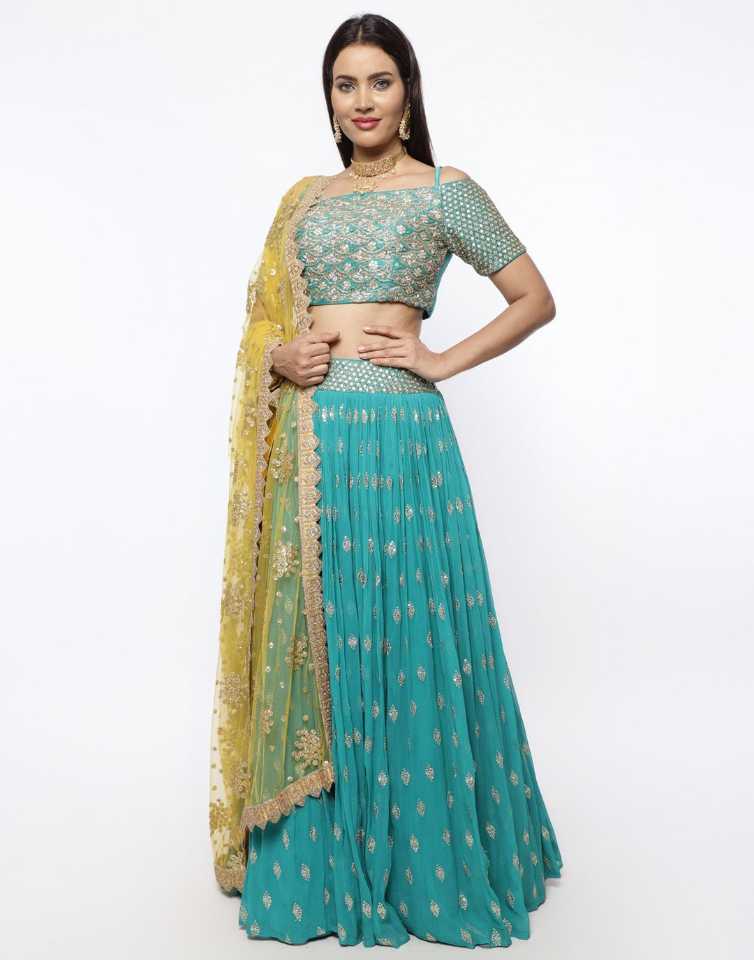 MBZ Meena Bazaar-Elegant Rani Georgette Stitched Lehenga with Net Mustard Dupatta
