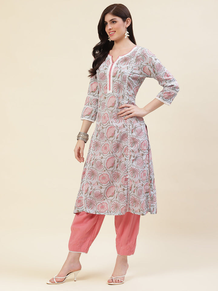 Floral Printed Cotton Kurta With Pants