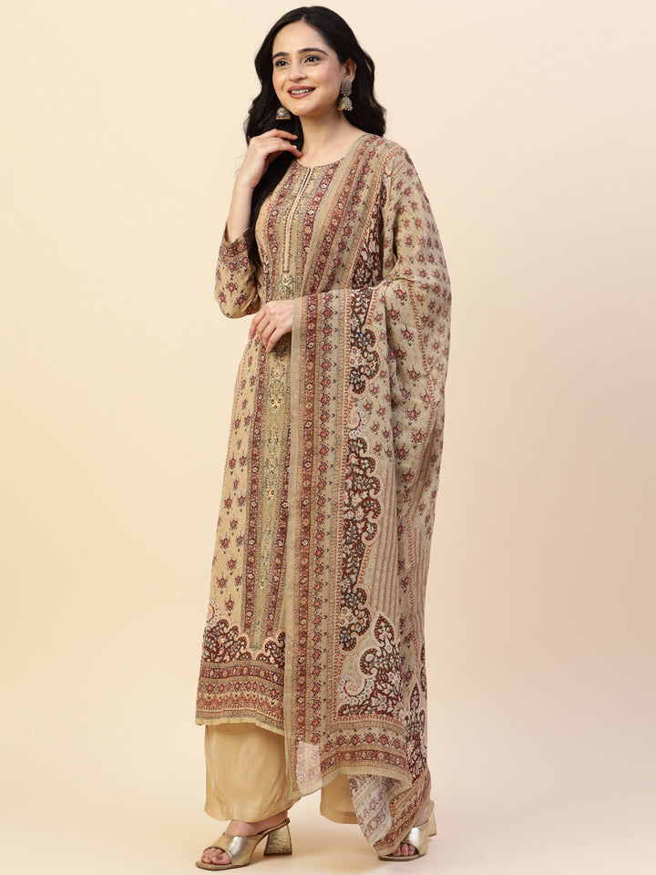 Digital Printed Crepe Kurta With Palazzo &amp; Dupatta