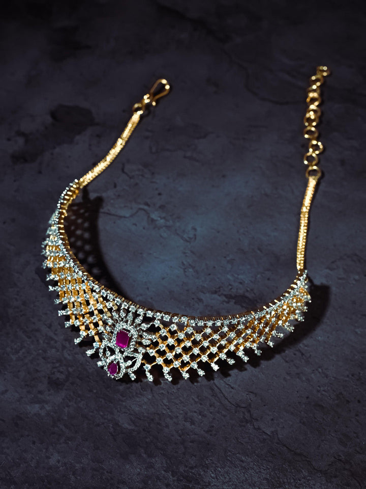 Golden &amp; Pink AD Necklace Set With Earrings