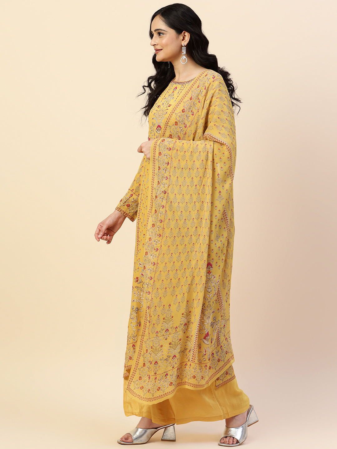 Digital Printed Crepe Kurta With Palazzo &amp; Dupatta