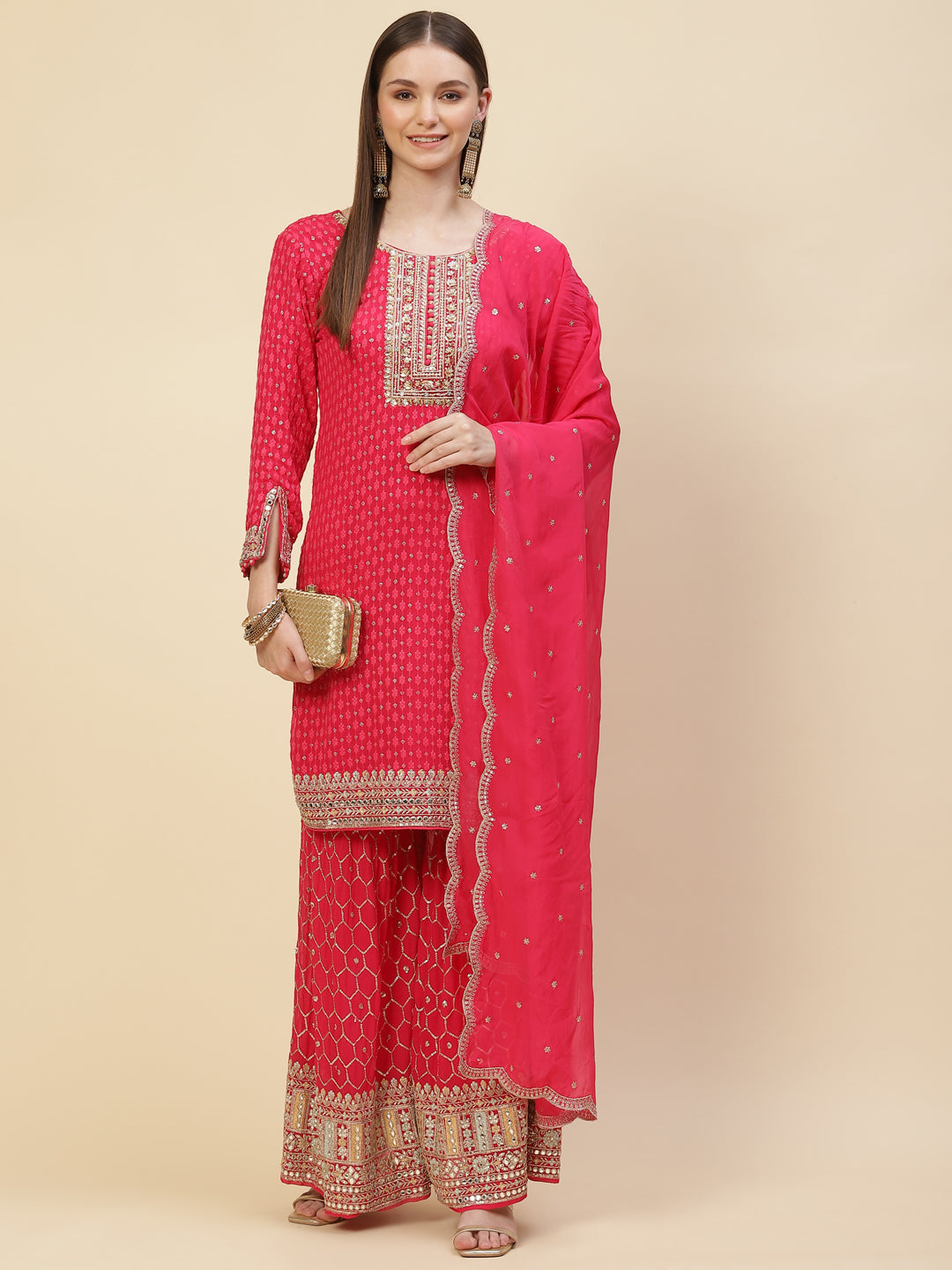 Sequin Embroidered Georgette Kurta With Sharara &amp; Dupatta