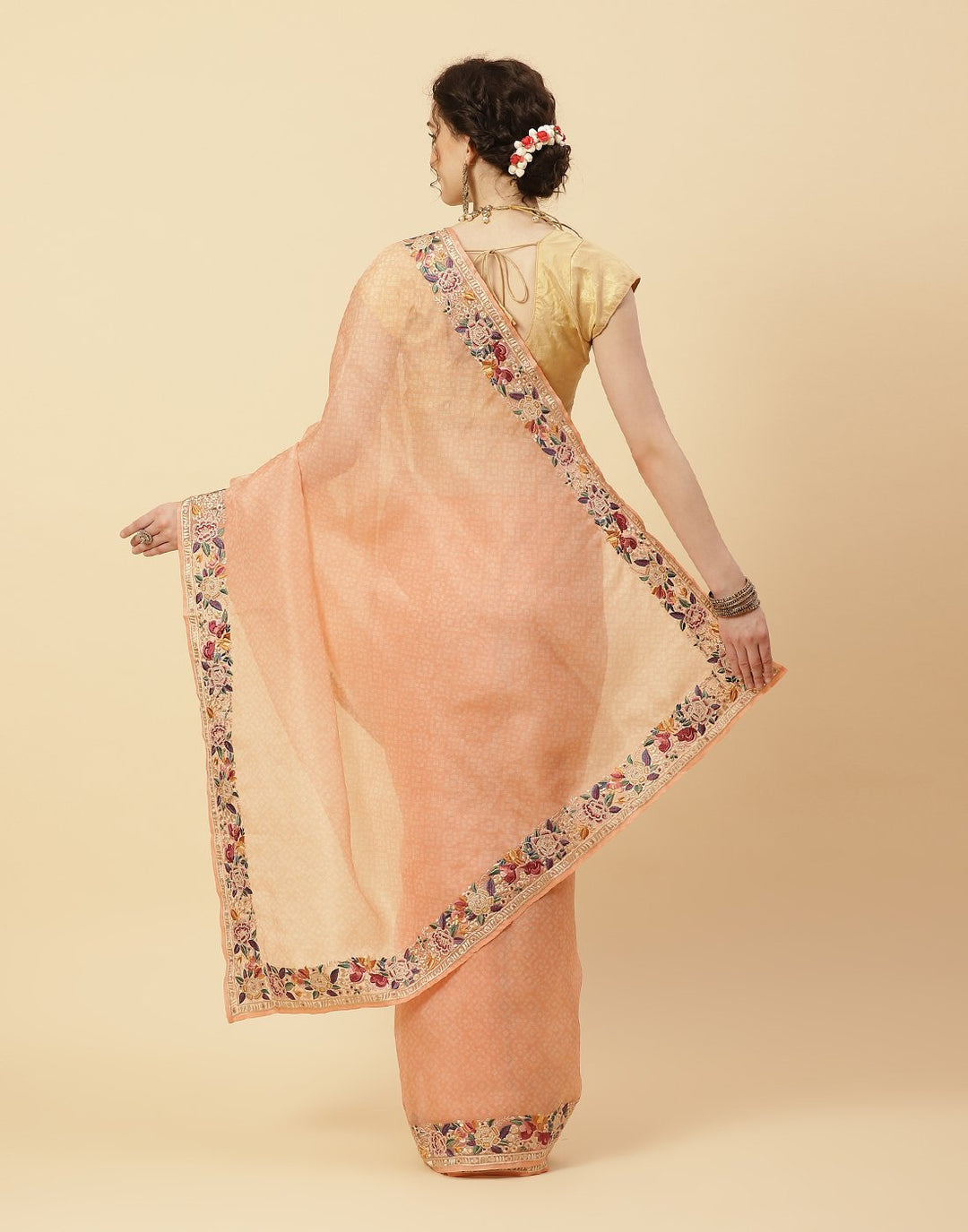 Printed Organza Kora Saree With Embroidered Border