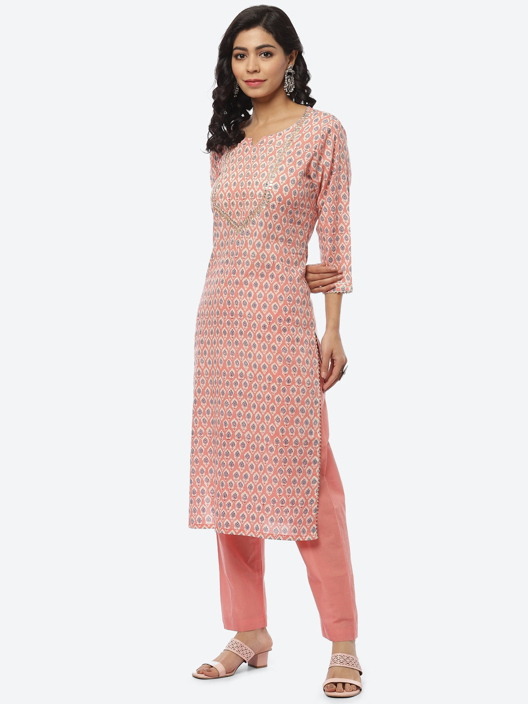 Printed Gota Neck Cotton Kurti With Pant