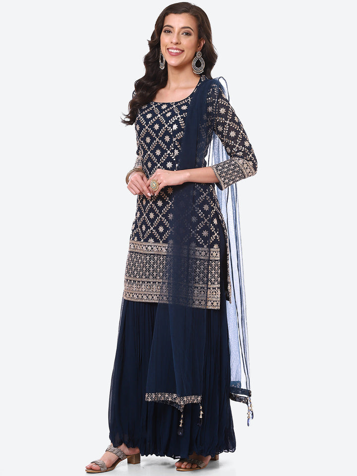 Zari Zaal Embroidered Georgette Kurti With Sharara &amp; Dupatta