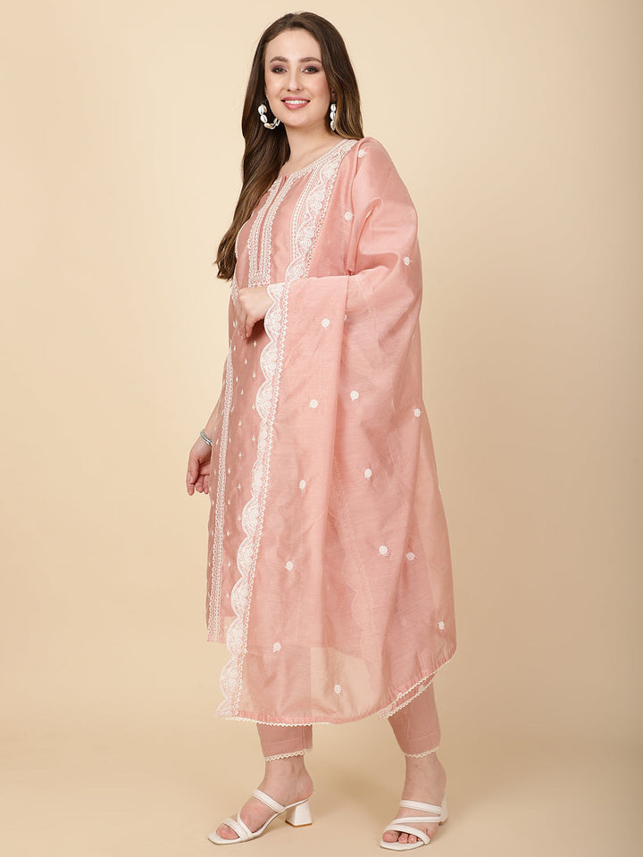 Booti Embroidery Chanderi Kurta With Pants &amp; Dupatta