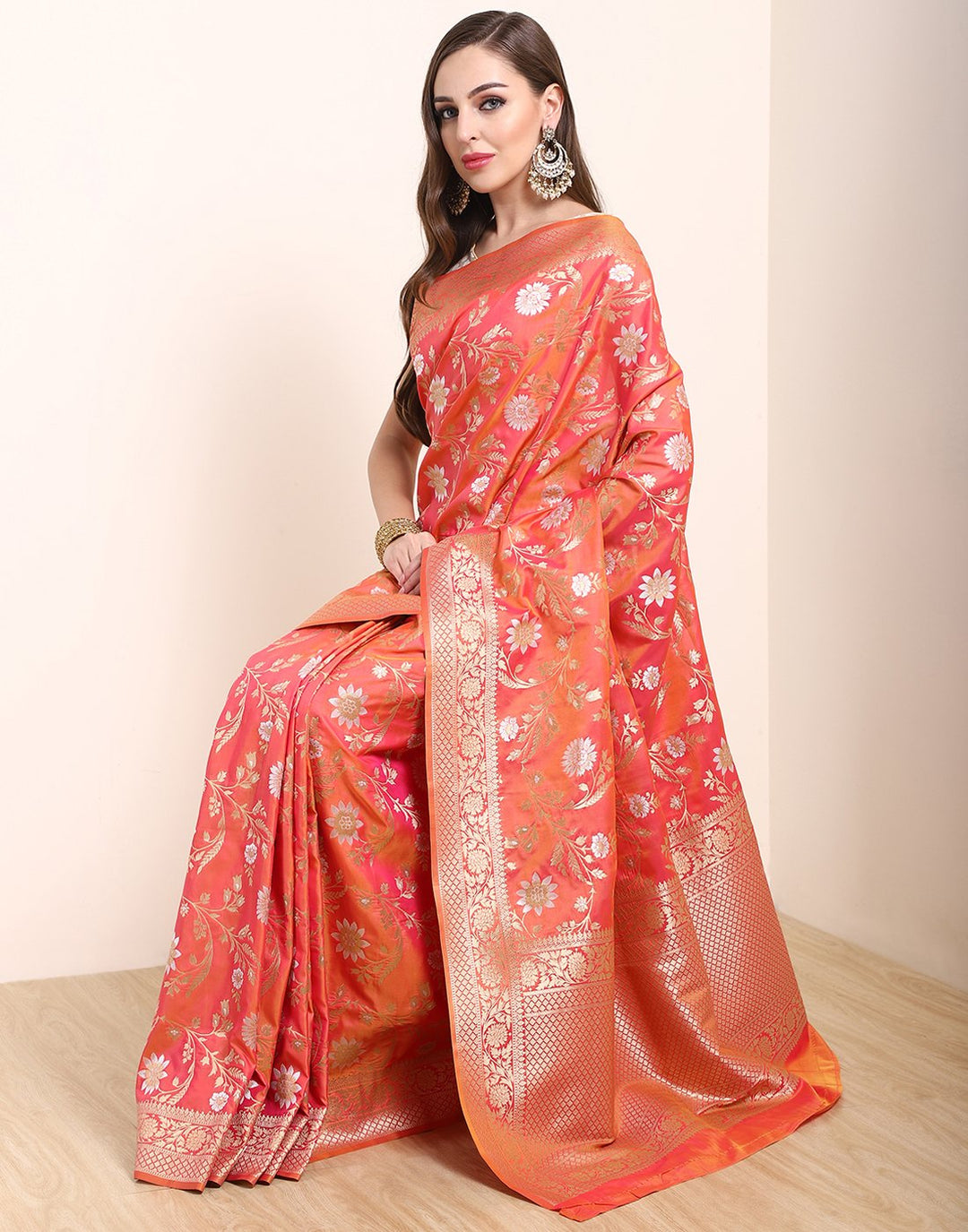 MBZ Meena Bazaar-Orange Banarasi Art Handloom Saree