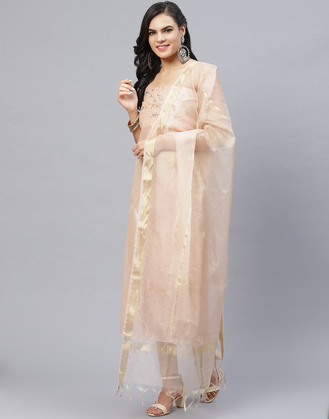 Embroidered Cotton Chanderi Suit Piece With Organza Dupatta
