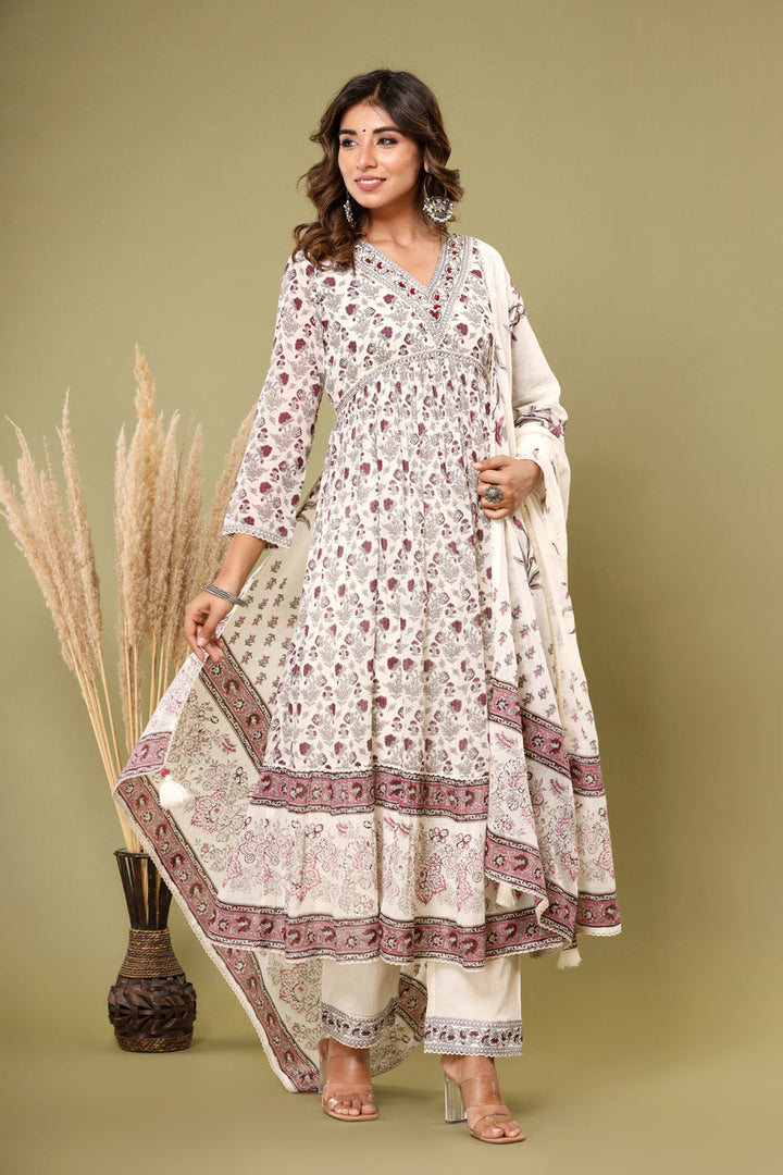 Printed Cotton Kurta With Pants &amp; Dupatta