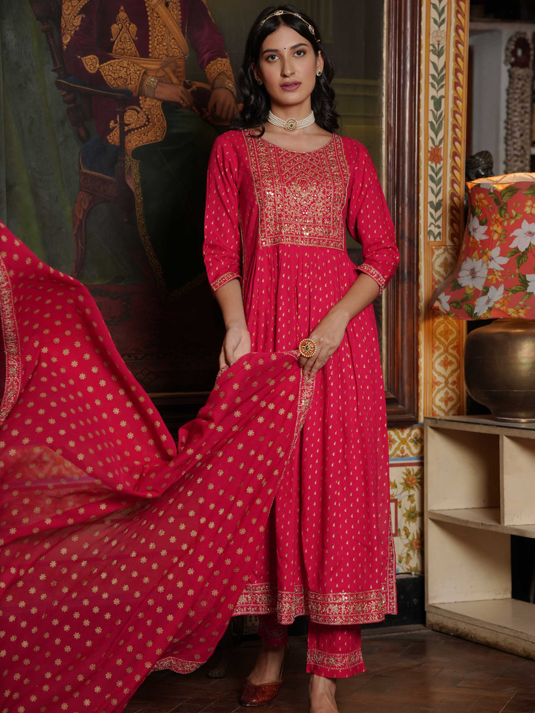 Neck Embroidered Cotton Kurta With Palazzo &amp; Dupatta