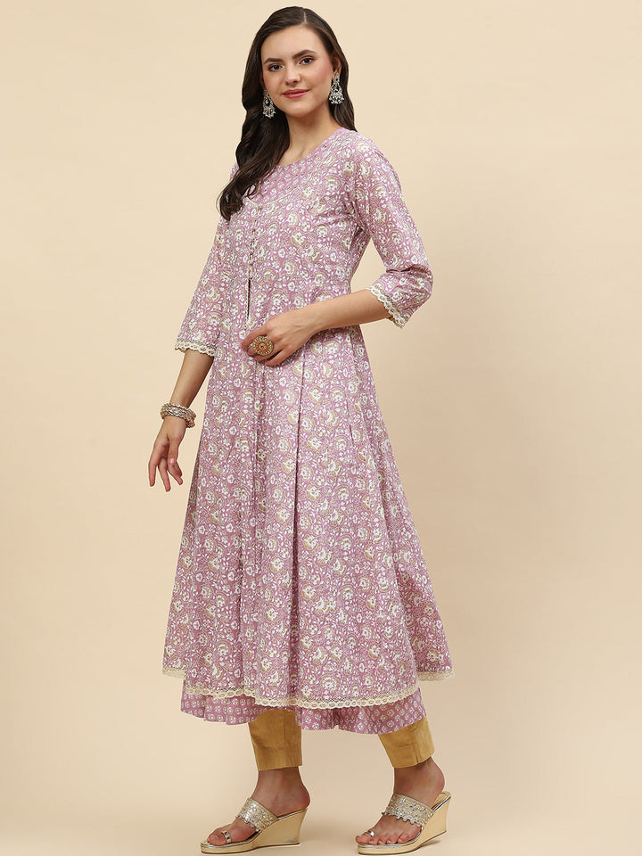Floral Printed Cotton Anarkali Kurta With Jacket