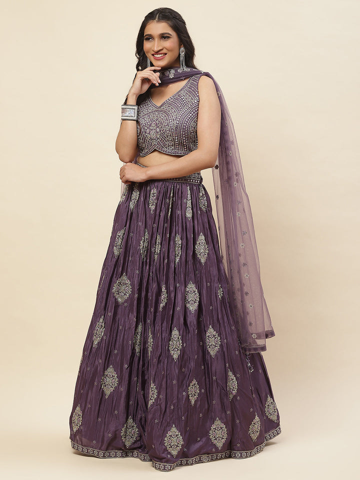 All Over Embroidered Crepe Choli With Lehenga &amp; Dupatta