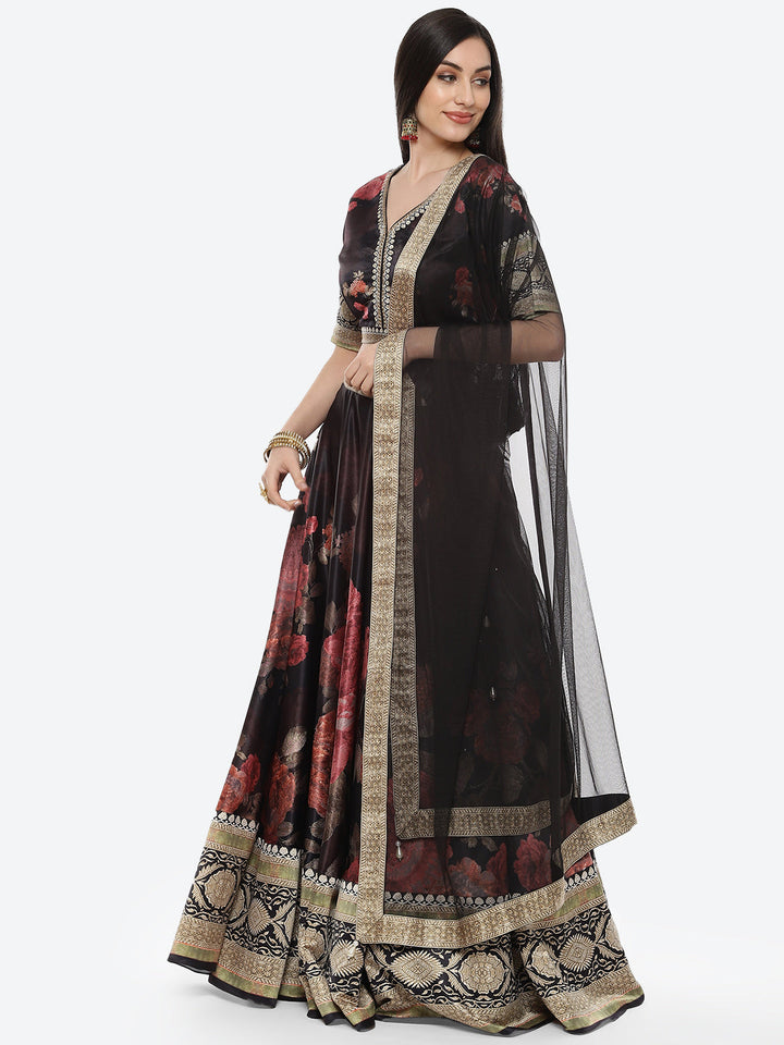 Floral Printed Satin Choli With Lehenga &amp; Net Dupatta