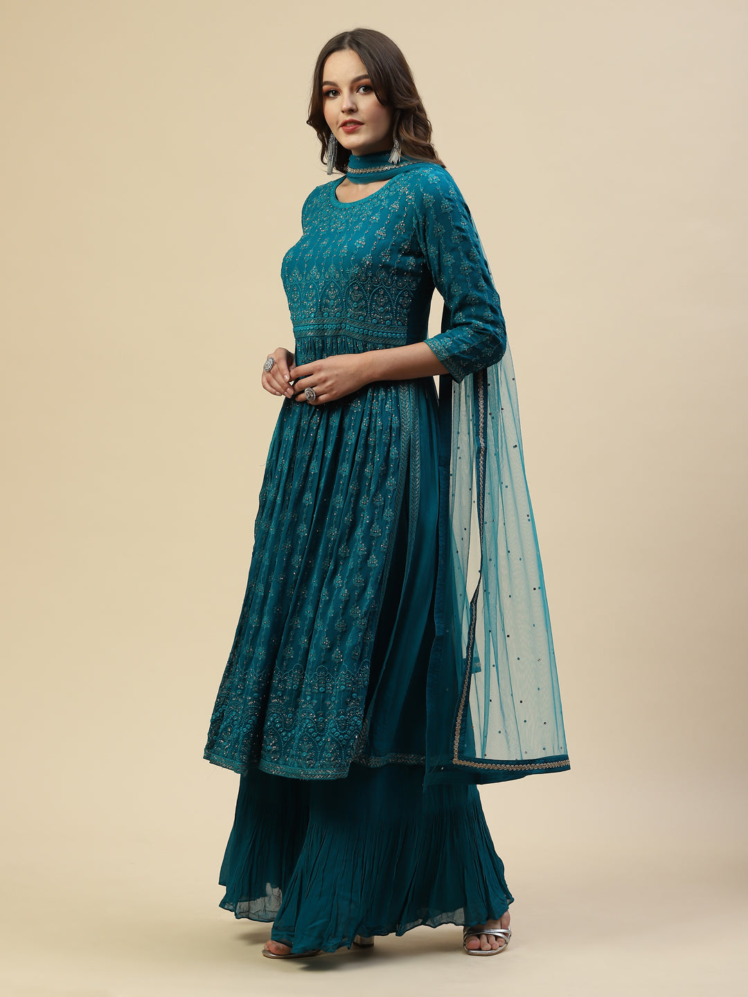 Embroidered Georgette Kurta With Palazzo &amp; Dupatta