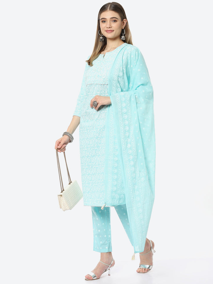 Resham Neck Booti Printed Cotton Kurta With Pant &amp; Cotton Dupatta
