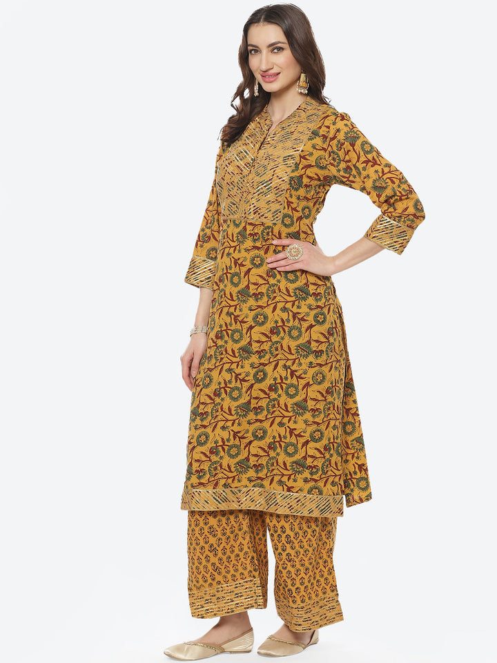 Printed Gota Neck Work Cotton Kurti With Palazzo