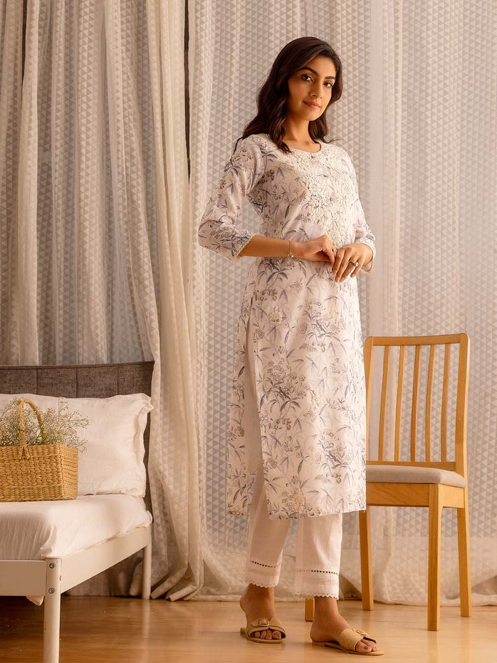 Printed Cotton Kurta With Pants &amp; Dupatta