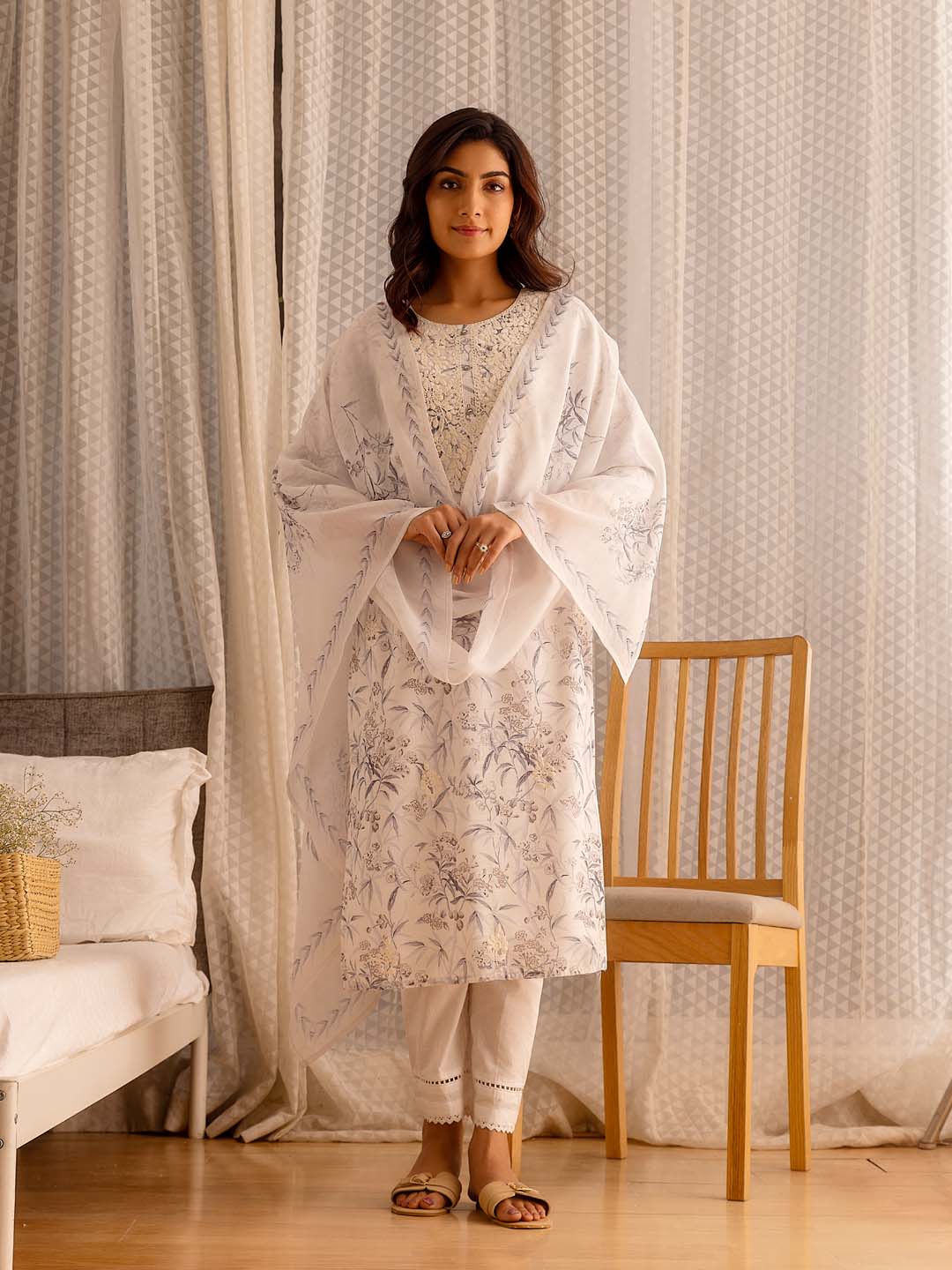 Printed Cotton Kurta With Pants &amp; Dupatta