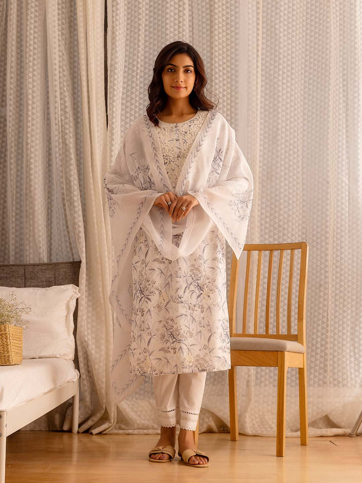Printed Cotton Kurta With Pants &amp; Dupatta
