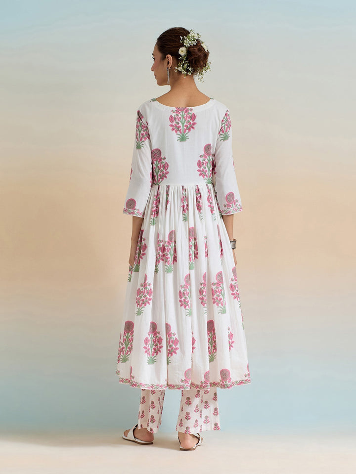 Floral Block Printed Cotton Kurta With Pants &amp; Dupatta