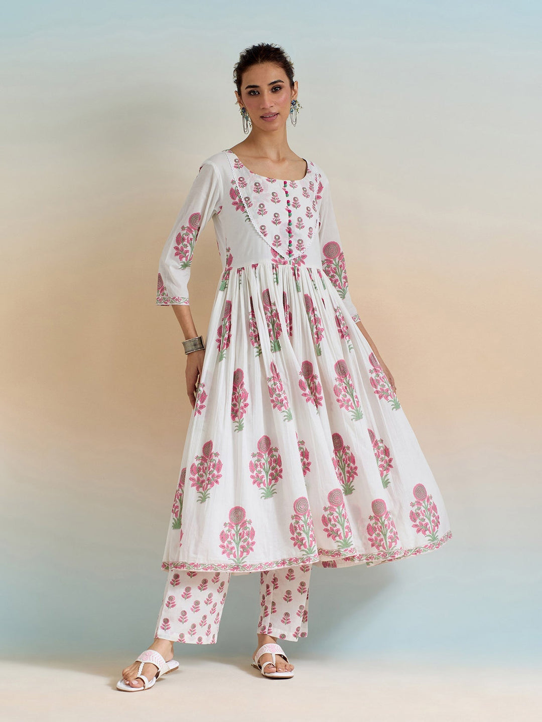 Floral Block Printed Cotton Kurta With Pants &amp; Dupatta