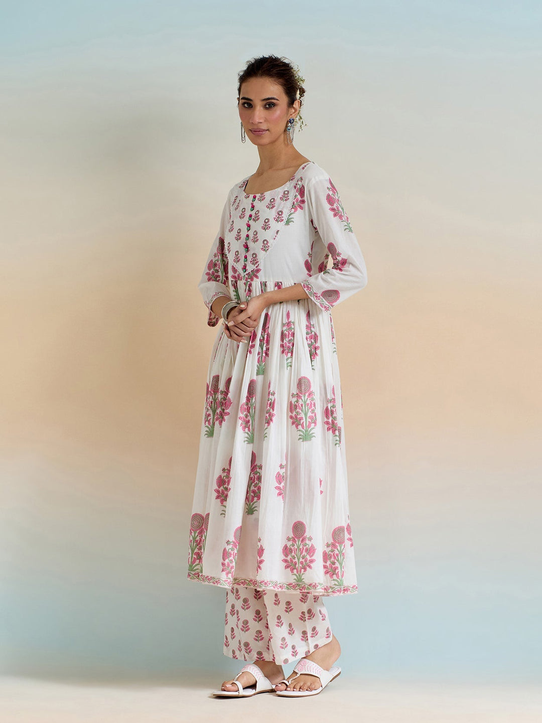 Floral Block Printed Cotton Kurta With Pants &amp; Dupatta
