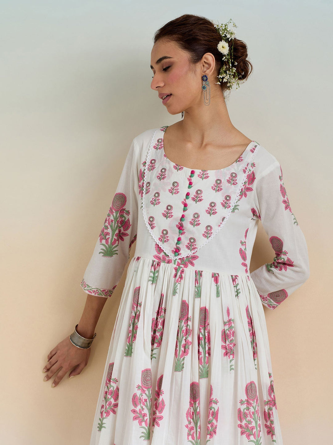 Floral Block Printed Cotton Kurta With Pants &amp; Dupatta