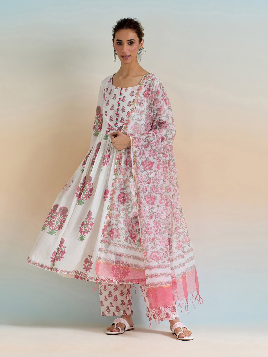 Floral Block Printed Cotton Kurta With Pants &amp; Dupatta