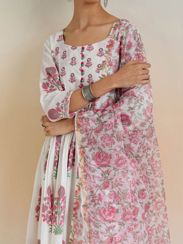 Floral Block Printed Cotton Kurta With Pants &amp; Dupatta