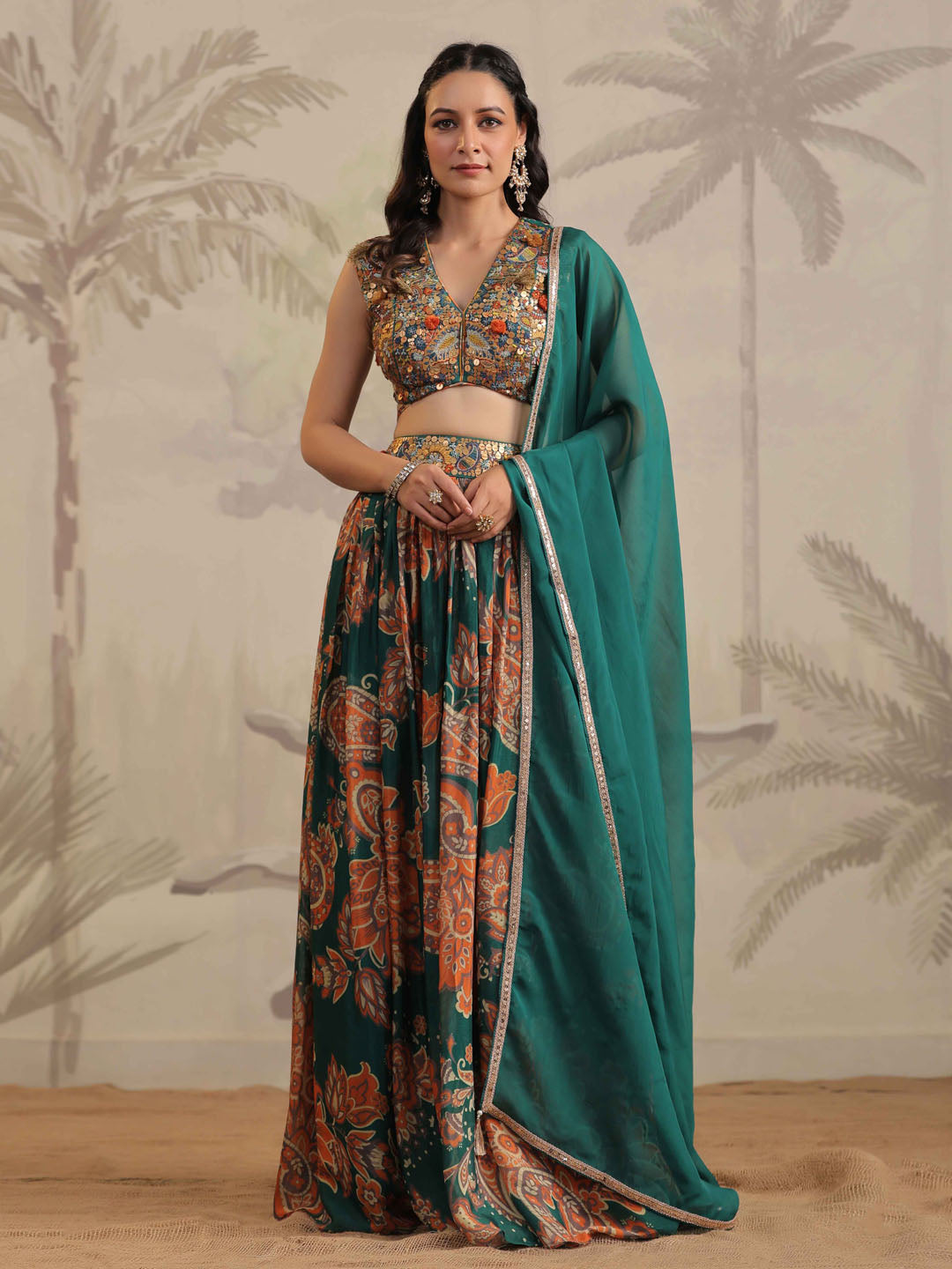 Floral Printed &amp; Sequin Embroidered Crepe Choli With Lehenga &amp; Dupatta
