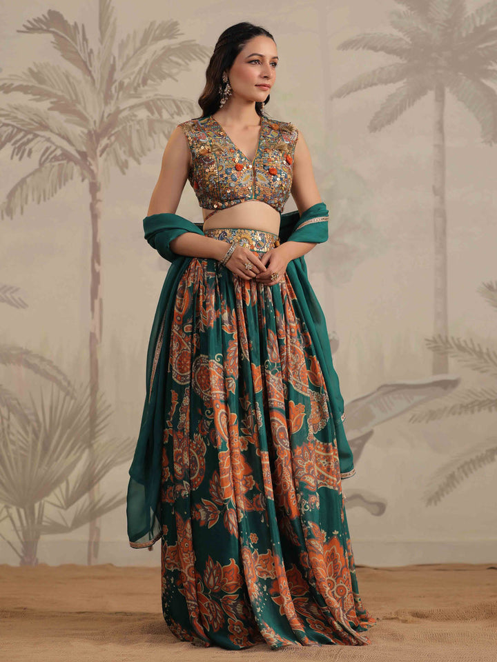 Floral Printed &amp; Sequin Embroidered Crepe Choli With Lehenga &amp; Dupatta