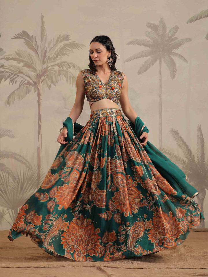 Floral Printed &amp; Sequin Embroidered Crepe Choli With Lehenga &amp; Dupatta
