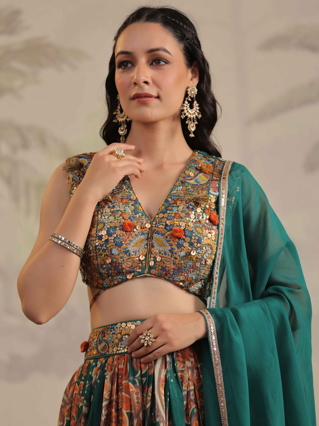 Floral Printed &amp; Sequin Embroidered Crepe Choli With Lehenga &amp; Dupatta