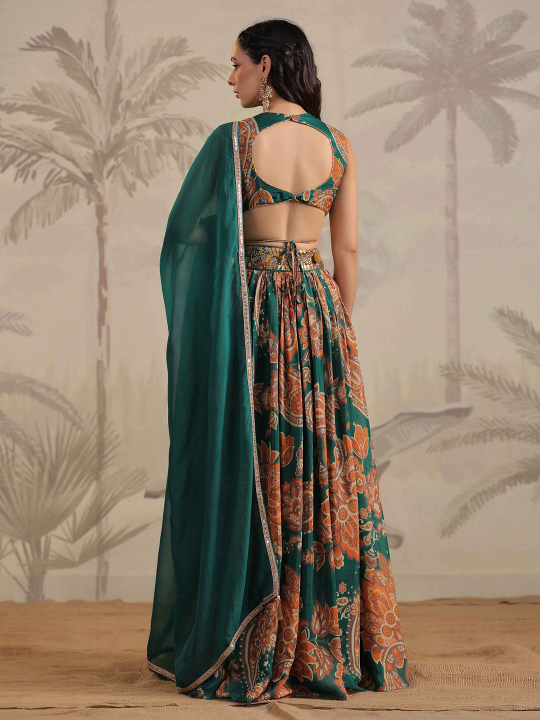 Floral Printed &amp; Sequin Embroidered Crepe Choli With Lehenga &amp; Dupatta