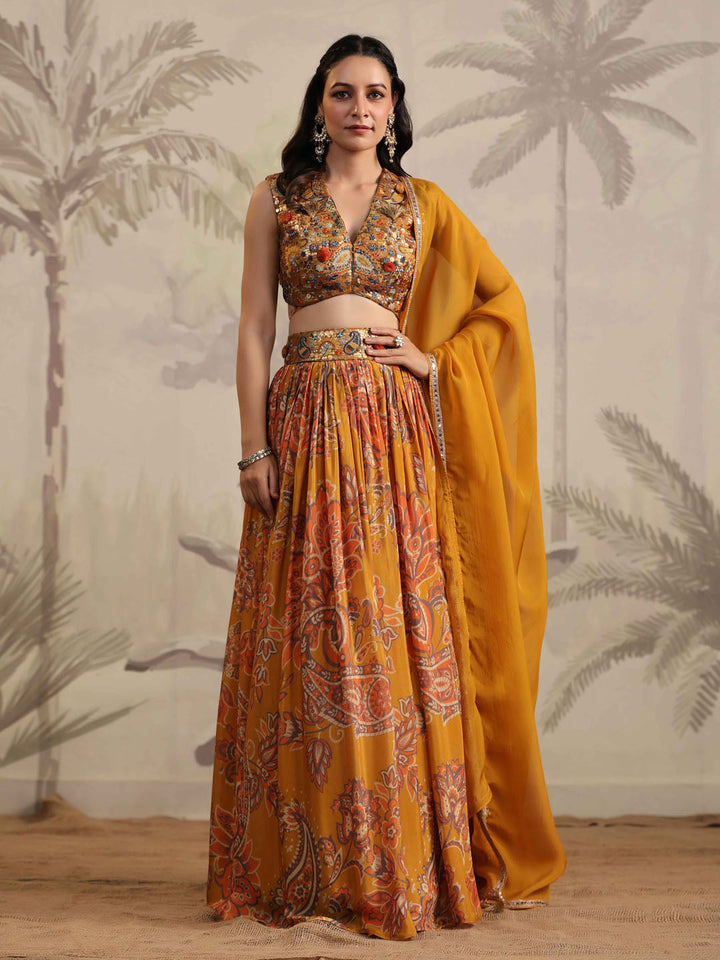 Floral Printed &amp; Sequin Embroidered Crepe Choli With Lehenga &amp; Dupatta