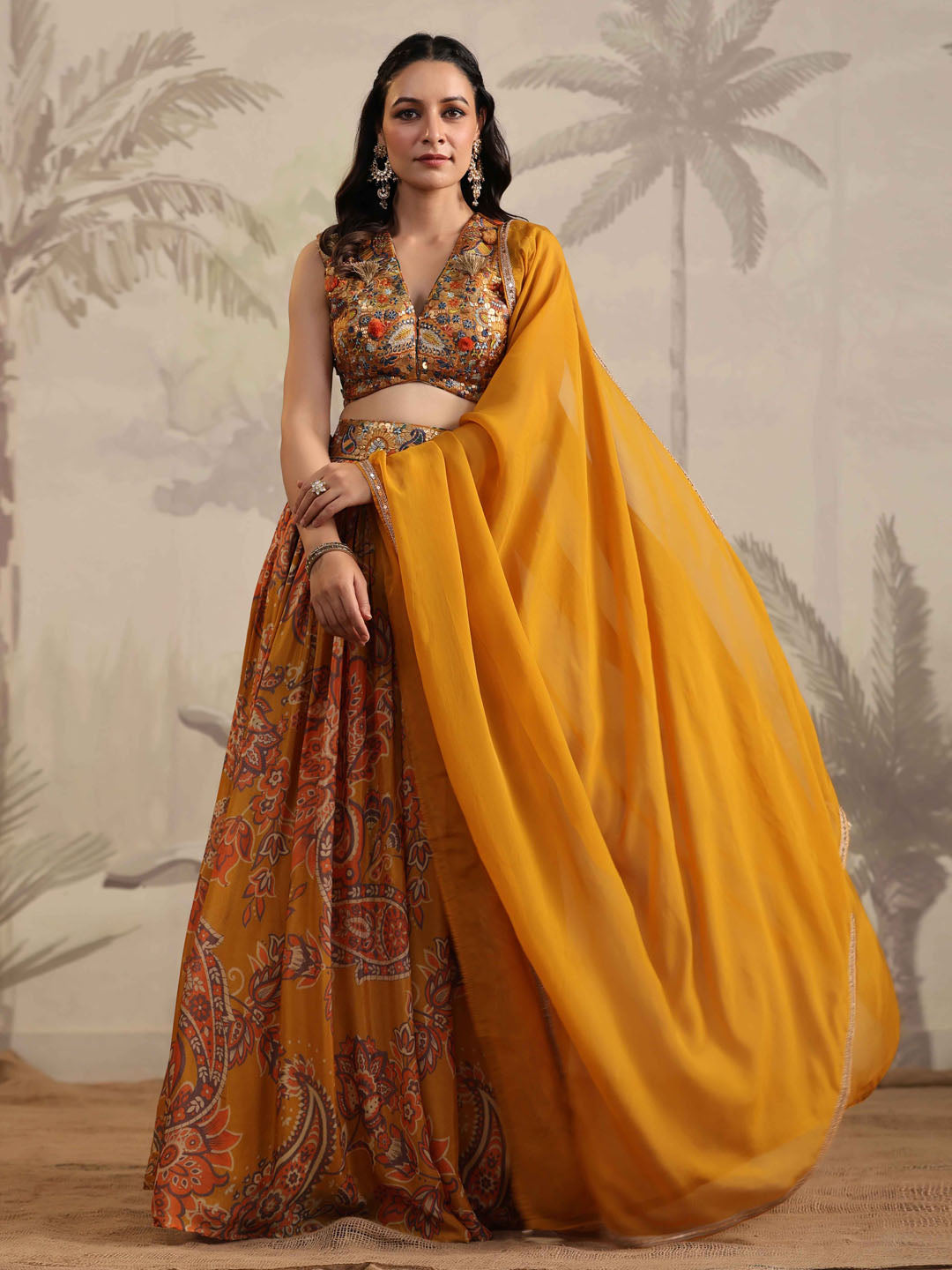 Floral Printed &amp; Sequin Embroidered Crepe Choli With Lehenga &amp; Dupatta