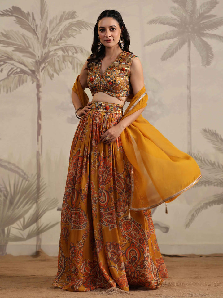 Floral Printed &amp; Sequin Embroidered Crepe Choli With Lehenga &amp; Dupatta