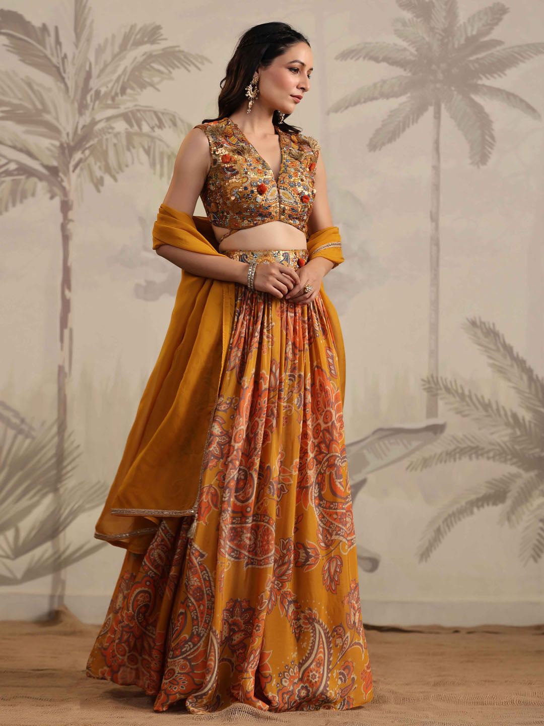 Floral Printed &amp; Sequin Embroidered Crepe Choli With Lehenga &amp; Dupatta