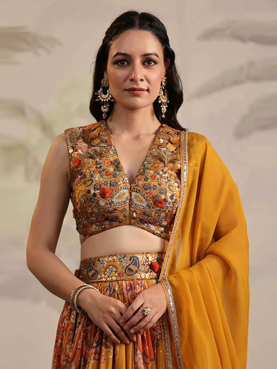 Floral Printed &amp; Sequin Embroidered Crepe Choli With Lehenga &amp; Dupatta