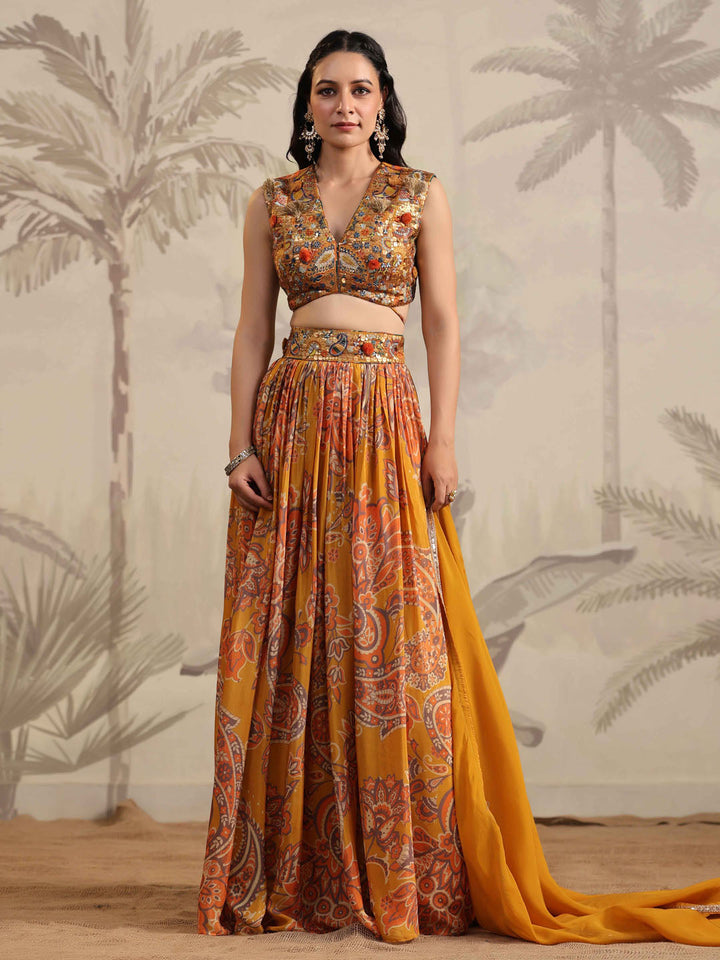 Floral Printed &amp; Sequin Embroidered Crepe Choli With Lehenga &amp; Dupatta