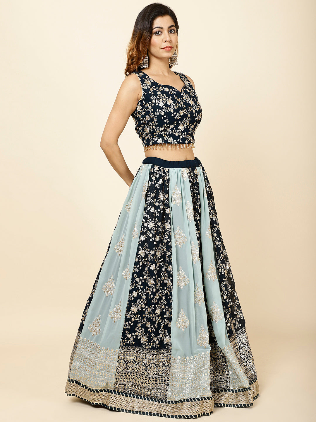 Zari Embroidered Georgette Choli With Lehenga &amp; Dupatta
