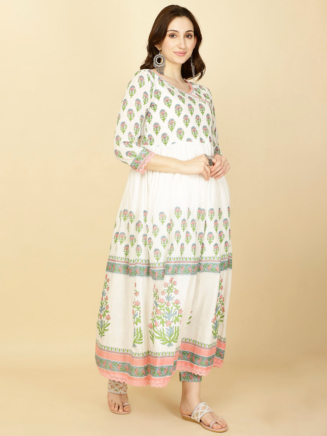 Floral Printed Cotton Kurta With Pants &amp; Dupatta