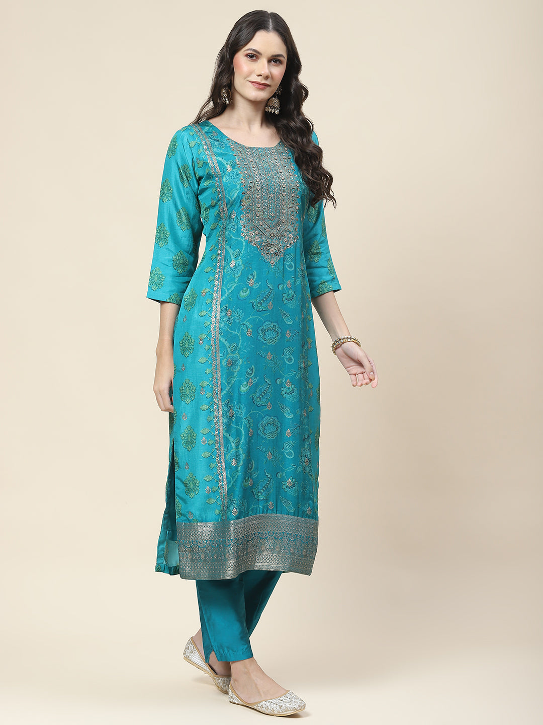 Floral Printed Handloom Kurta With Pants &amp; Dupatta