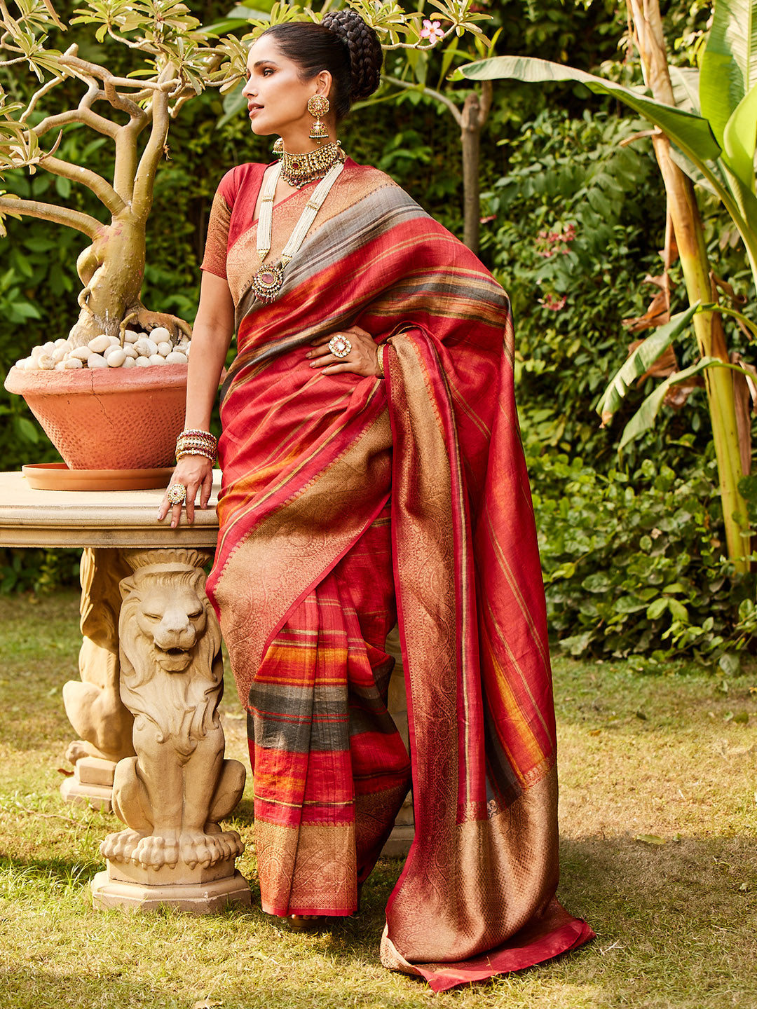 Tussar Printed Saree With Antique Zari Border