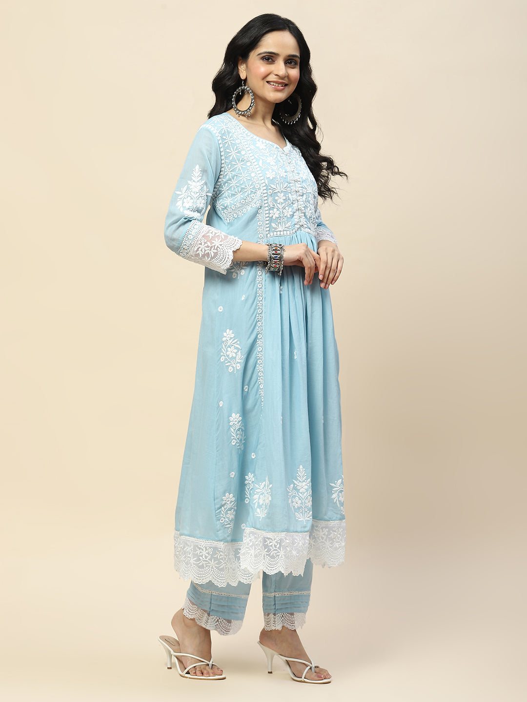 Neck Embroidery Cotton Anarkali With Pants &amp; Dupatta