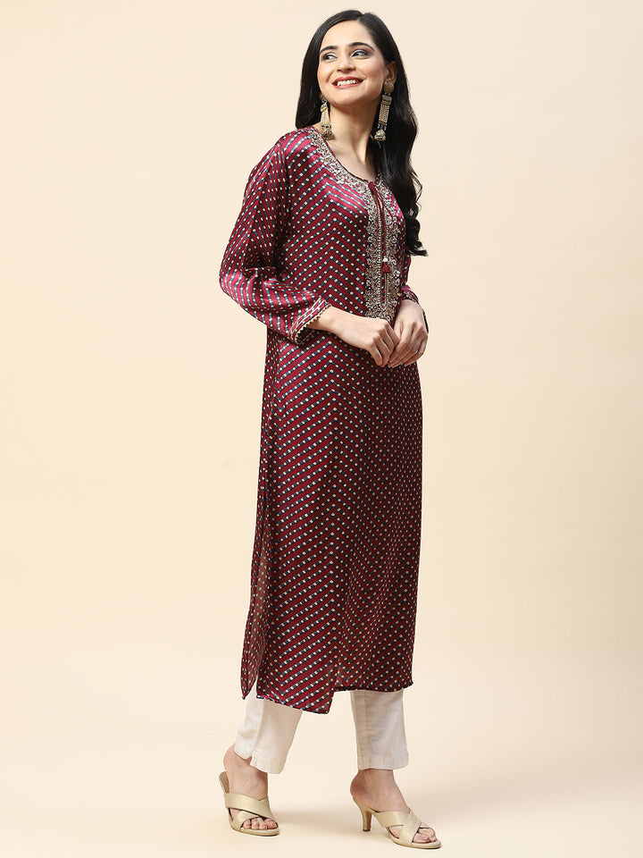 Printed With Yoke Embroidered Satin Kurta