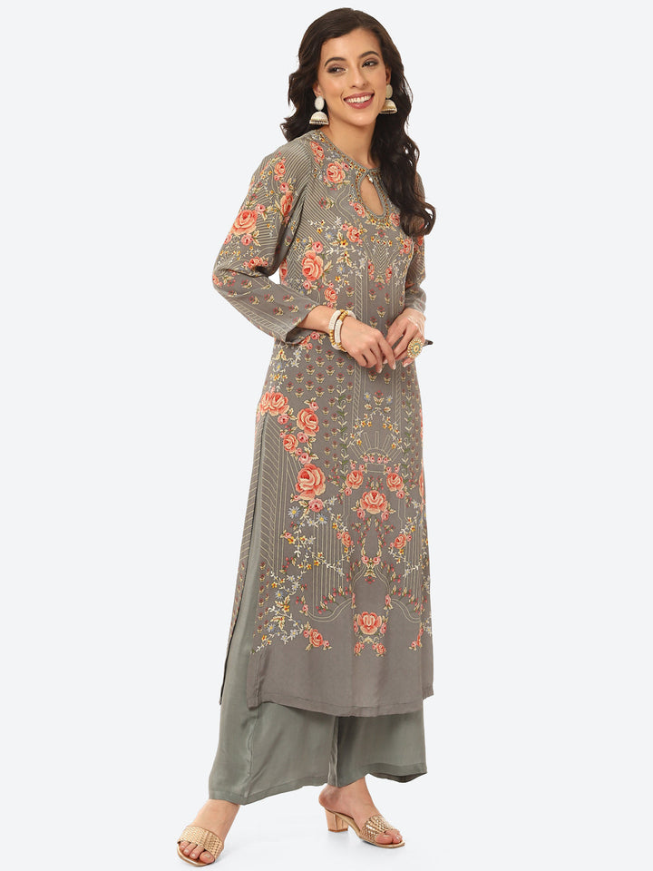 Digital Printed Crepe Kurta With Palazzo &amp; Georgette Dupatta