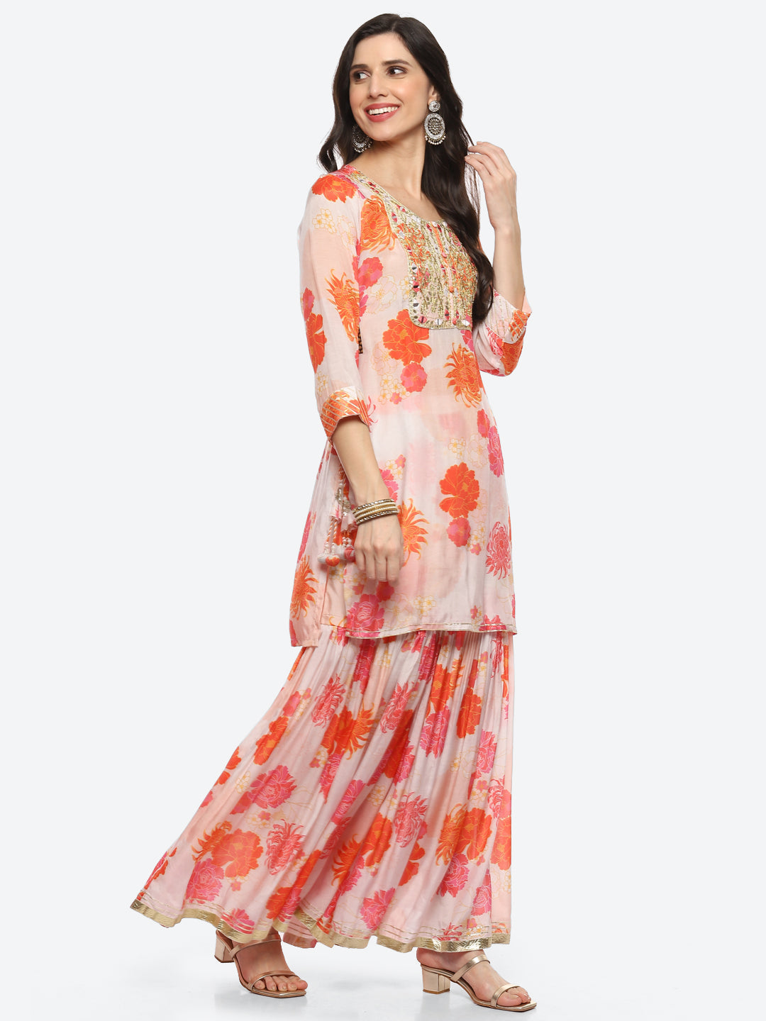 Floral Printed Cotton Kurta With Garara &amp; Dupatta