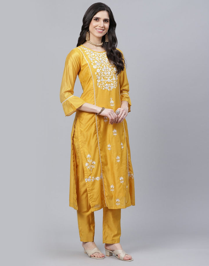 Embroidered Chanderi Kurti with Pant Set